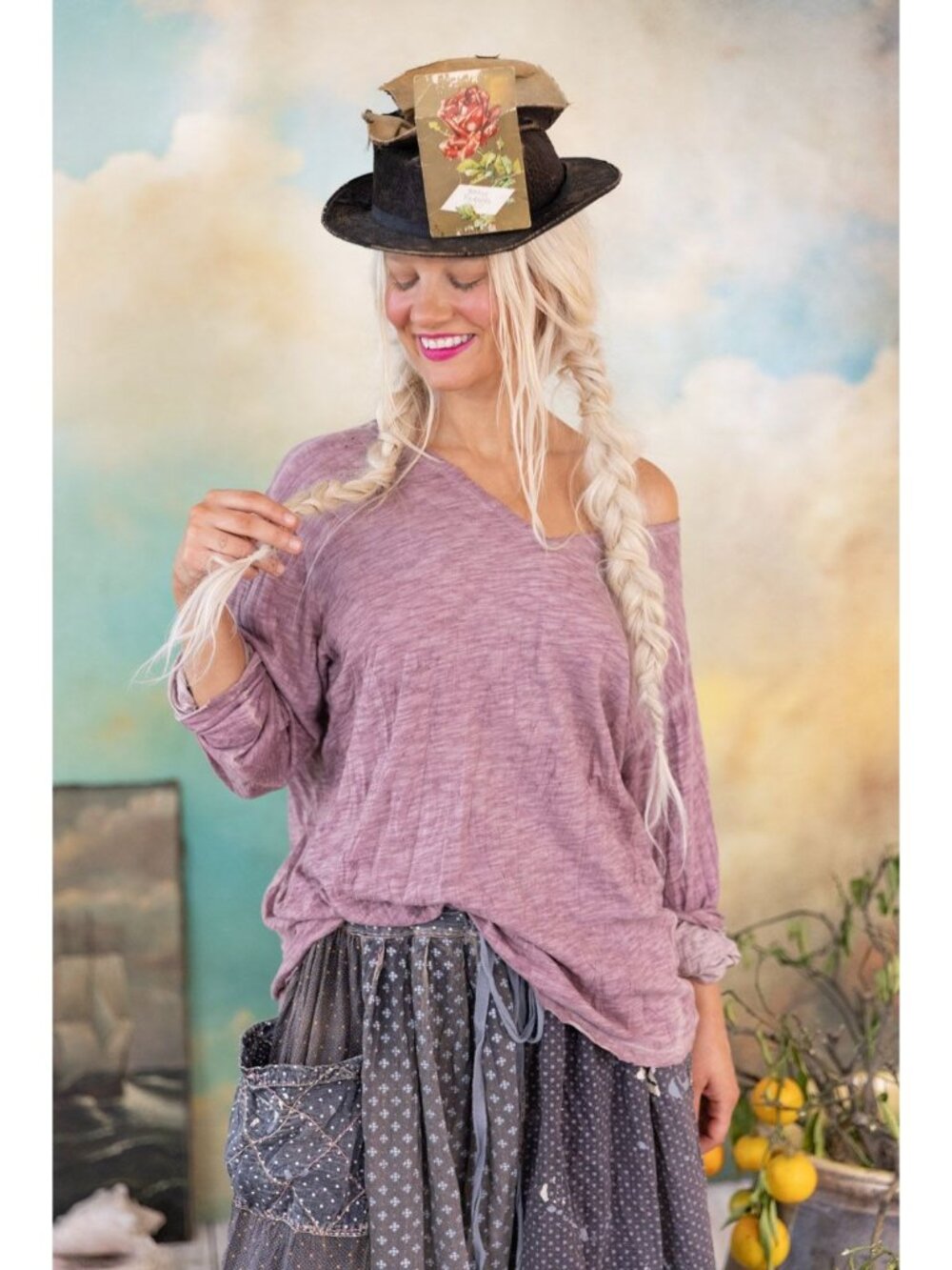 Magnolia Pearl Plum Europa Long Sleeve Cotton Jersey T-Shirt With Hand Fading OS